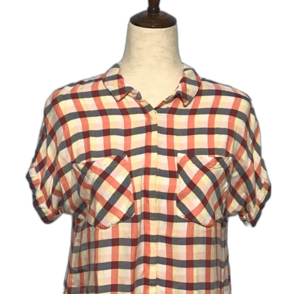 Blue Orange Plaid Rayon Button-Up Shirt with Pockets M - Picture 2 of 8